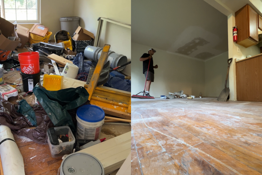 Before and after photo of junk run 810 performing a property clean out for a property manager